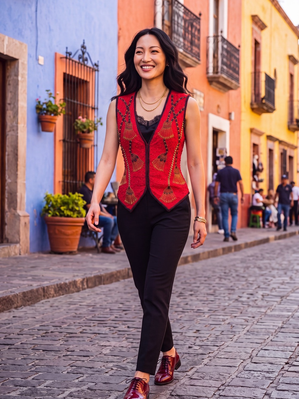 Red Embroidered Sleeveless Vest for Women